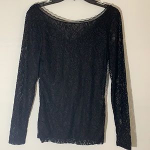 WHBM stretchy lace black  l/s top.  V-back. S